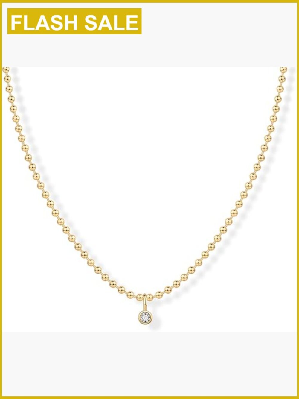 14K Gold Plated Solitaire Pendant Necklace - Ball Chain - Cubic Zirconia -